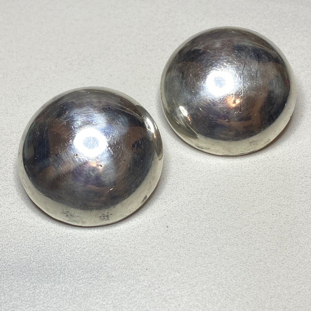 Vintage Sterling Silver Round Button Clip On Earrings Statement‎ Jewelry
